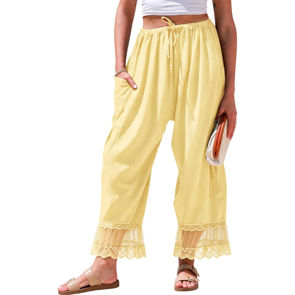 image:imageSpringrain Womens Wide Leg Drawstring Pants Lace Hem TrousersYellow