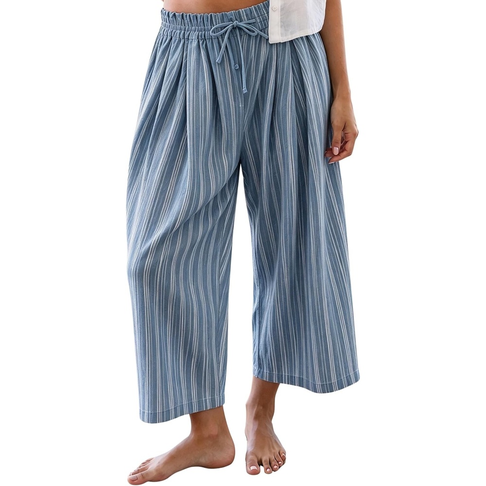 image:imageSpringrain Womens Wide Leg Pants Striped Drawstring Casual TrousersDustyblue