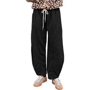 Springrain Womens Barrel Leg Pants Drawstring Casual(Black-M)