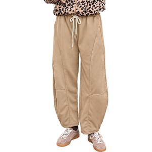 Springrain Womens Barrel Leg Pants Drawstring Casual(Khaki-L)