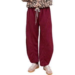 Springrain Womens Barrel Leg Pants Drawstring Casual(WineRed-L)