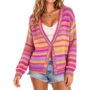Springrain Women’s Fall Rainbow Striped Button Down Knit Cardigan Sweaters(Rosered)