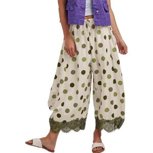 Springrain Womens Polka Dot Drawstring Wide Leg Pants(Green)