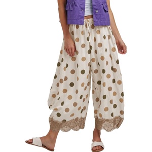 Springrain Womens Polka Dot Drawstring Wide Leg Pants(Khaki)
