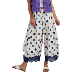 Springrain Womens Polka Dot Drawstring Wide Leg Pants(Navy)