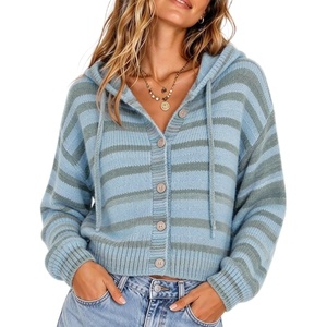 Springrain Womens Rainbow Striped Hooded Knit Cardigan(Blue)