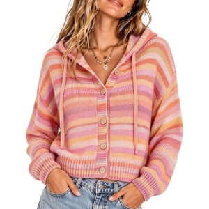 Springrain Womens Rainbow Striped Hooded Knit Cardigan(Coralpeach)