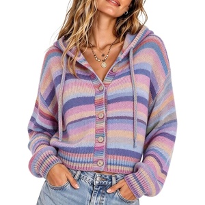 Springrain Womens Rainbow Striped Hooded Knit Cardigan(Purple)