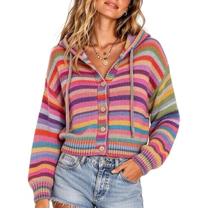 Springrain Womens Rainbow Striped Hooded Knit Cardigan(Rainbow)