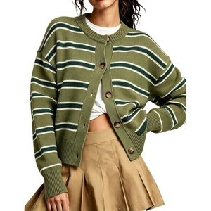 Springrain Womens Striped Cardigan Color Block Button Down Knit Sweater(Armygreen)