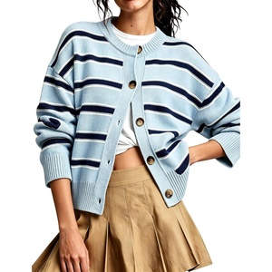Springrain Womens Striped Cardigan Color Block Button Down Knit Sweater(Blue)