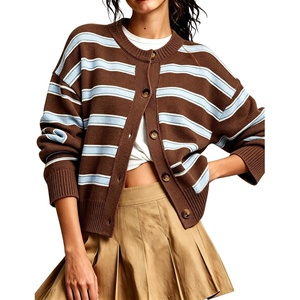Springrain Womens Striped Cardigan Color Block Button Down Knit Sweater(Brown)
