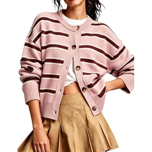 Springrain Womens Striped Cardigan Color Block Button Down Knit Sweater(Pink)