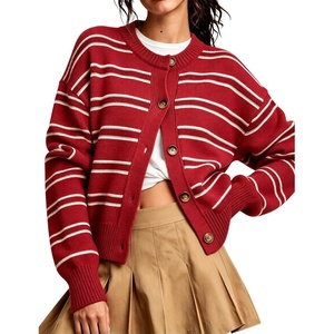 Springrain Womens Striped Cardigan Color Block Button Down Knit Sweater(Red)