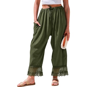 Springrain Women’s Wide Leg Drawstring Pants Lace Hem Trousers(Armygreen)