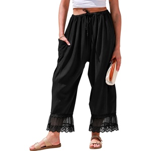 Springrain Women’s Wide Leg Drawstring Pants Lace Hem Trousers(Black)