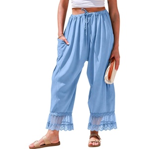 Springrain Women’s Wide Leg Drawstring Pants Lace Hem Trousers(Blue)