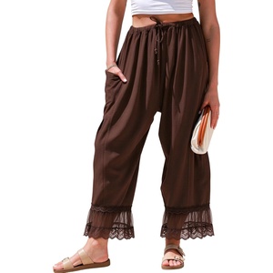 Springrain Women’s Wide Leg Drawstring Pants Lace Hem Trousers(Brown)