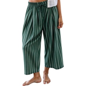 Springrain Womens Wide Leg Pants Striped Drawstring Casual Trousers(Darkgreen)