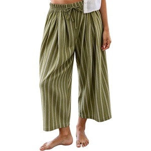 Springrain Womens Wide Leg Pants Striped Drawstring Casual Trousers(Green)