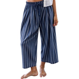 Springrain Womens Wide Leg Pants Striped Drawstring Casual Trousers(Navy)